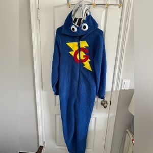 Sesame Steer Super Grover Fleece Onesie Costume Adult Size S/M